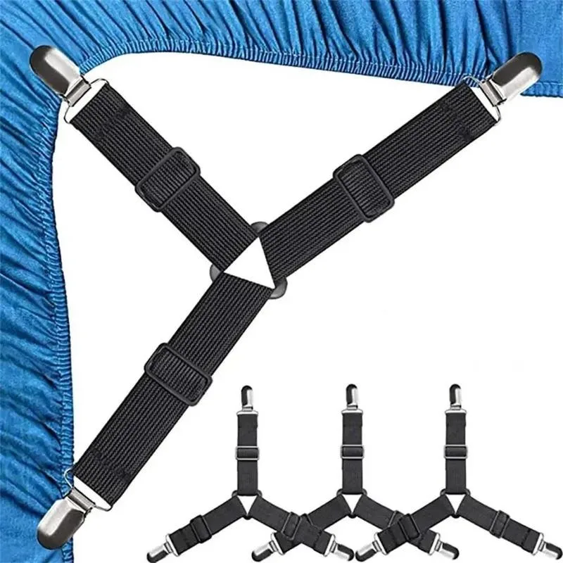 FeelAtHome 4-Pack Bed Sheet Straps Adjustable Sheet Holder Clips Black Fasteners for Corners Keep Fitted Sheets in Place Fits Twin Queen King Beds