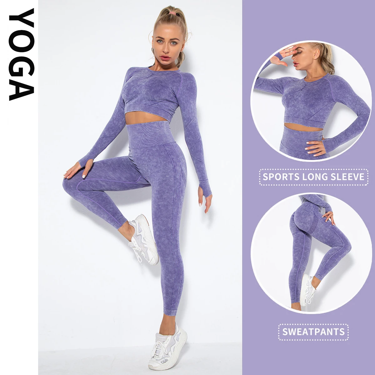 

Workout Sets for Women 2 Piece Seamless Long Sleeve Crop Tops Seamless Ribbed High Waist Leggings, Purple