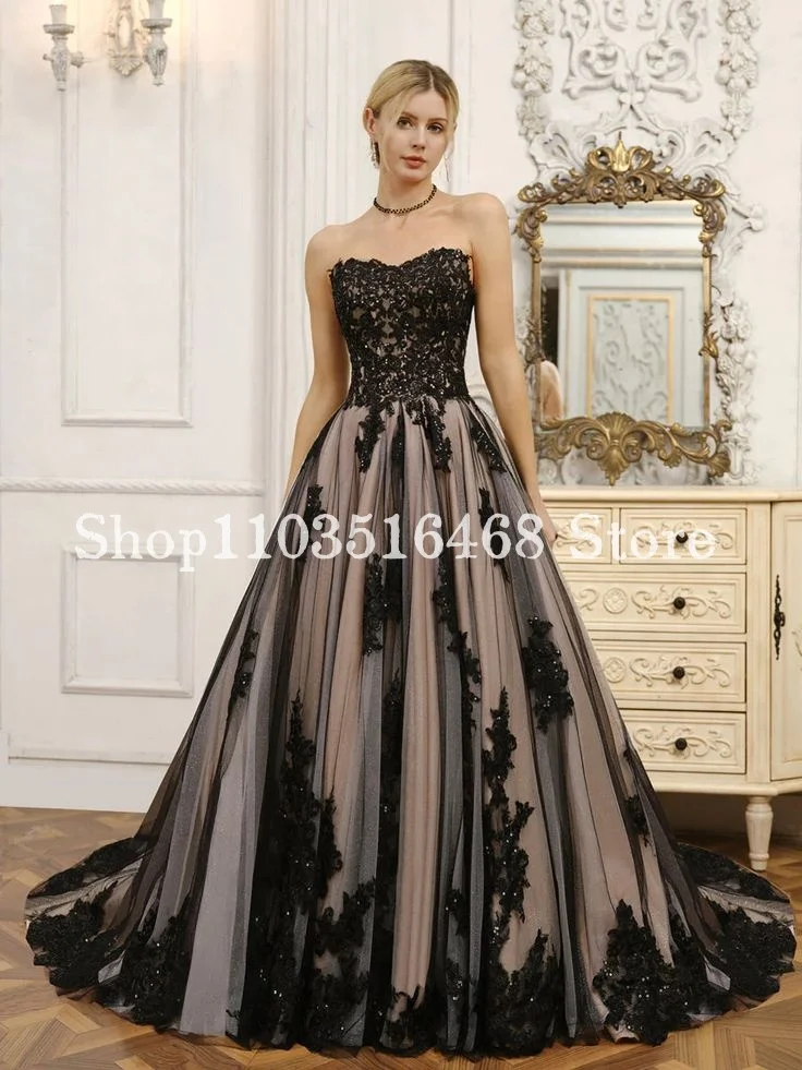 Gaun pernikahan Gotik hitam bertali kristal halus renda Applique Bustier A-Line gaun malam owns الالالábourne ة