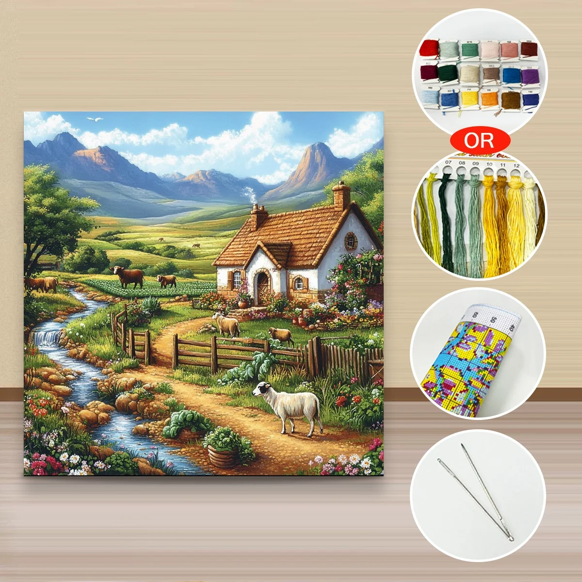 1 Stück 50x50 cm/19,69 Zoll, 11Ct/14Ct Kreuzstich-Set, DIY Valentinstagsgeschenk, Stickerei-Set für Festivals, Landhaus, Hütte, Schafe S – Detail 3