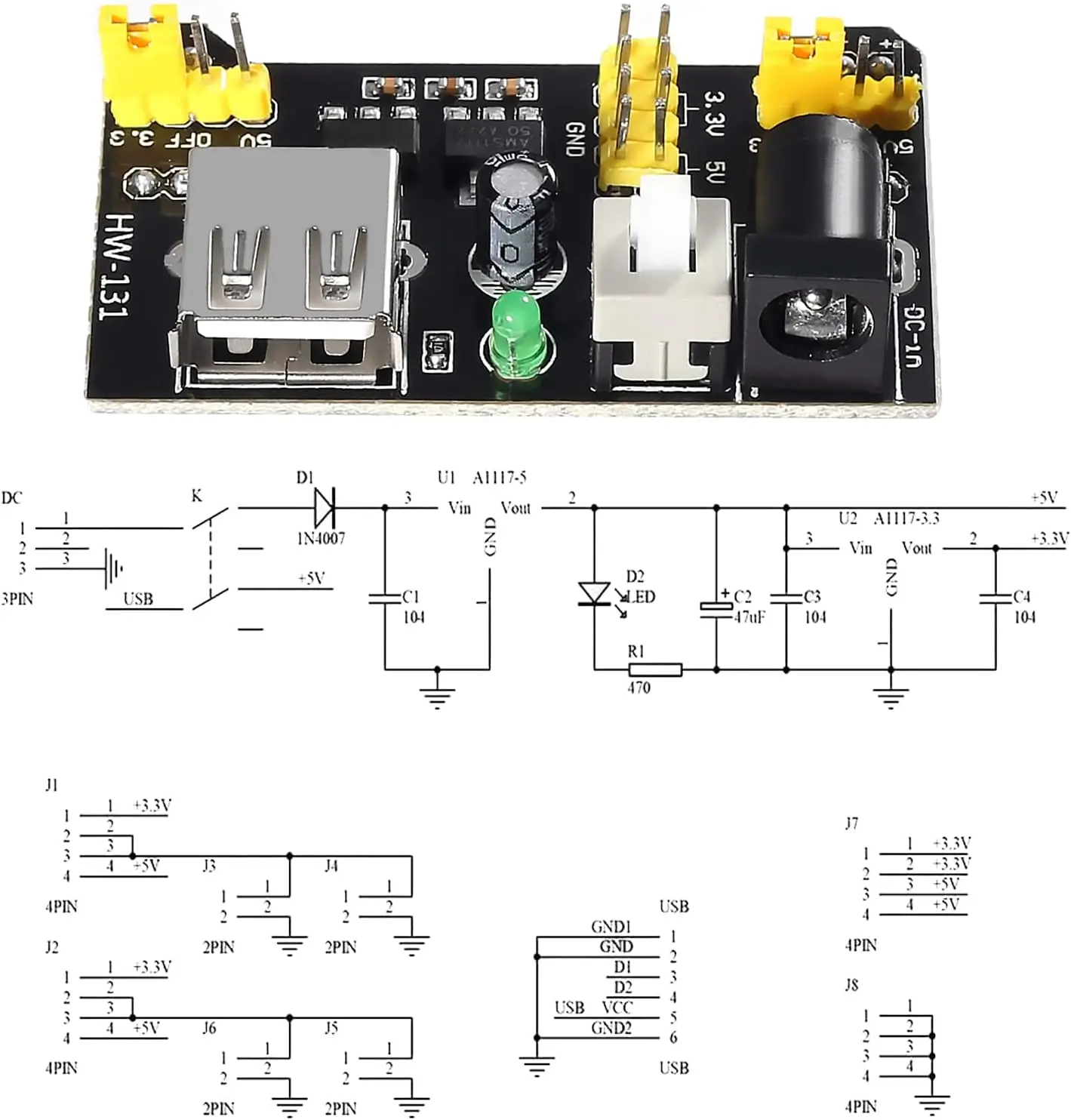 4pcs MB102 Solderless Breadboard Power Supply Module 3.3V/5V with 4pcs 9V Battery Clip Buckle T-Type Power Cable Male 2.1MM DC
