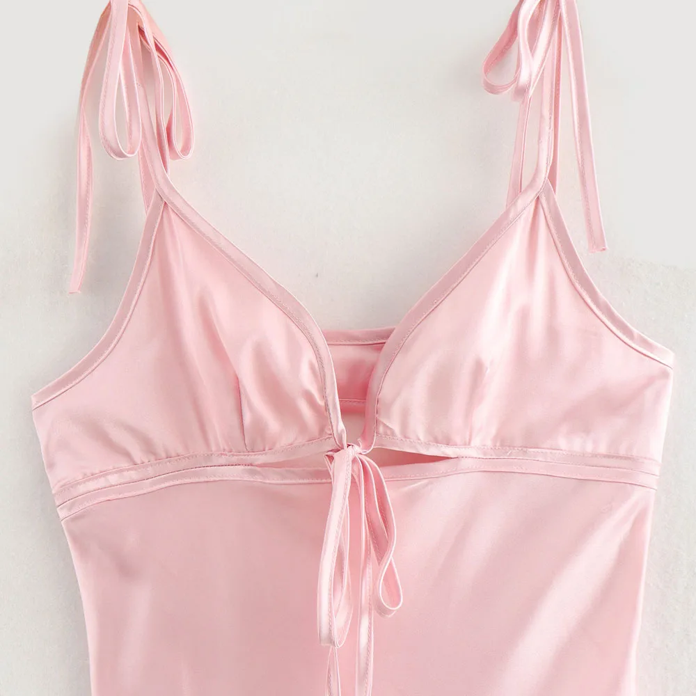 Women Sexy Satin Evening Dress Pleated Spaghetti Straps Slim Back Tie High Waist A-line Dress Spring Summer New Chic Dress