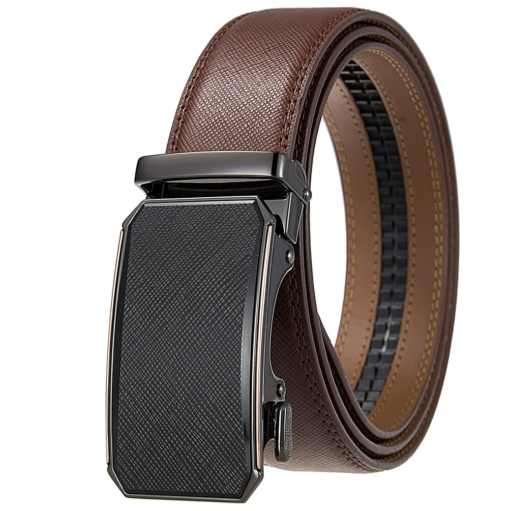 

High Quality Genuine Leather Belt Men Business Black Coffee Brown Alloy Automatic Buckle Ratchet Belt No Holes Adjustable