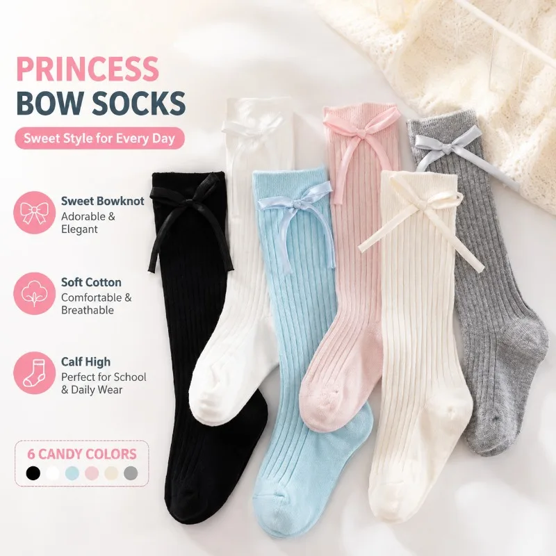 Fashionable Autumn Calf Socks Princess Style Thin All-Match Girls Hosiery Cute Bow Decor Mid-Calf Legwear Spring Fall Daily Kids