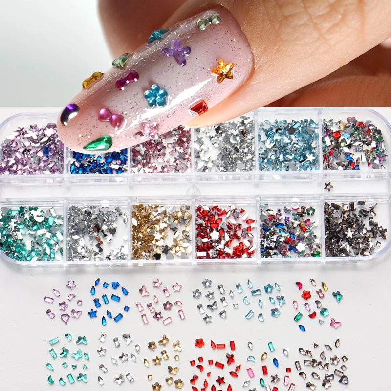 12 Gitter 3D Mini Bunte Nagelrhinesteine Elegante Rhombus-, Mond-, Stern-, Herz-, Blumen- und Mehrform-Flachsteine Nagelkunst-Dekoration – Detail 3