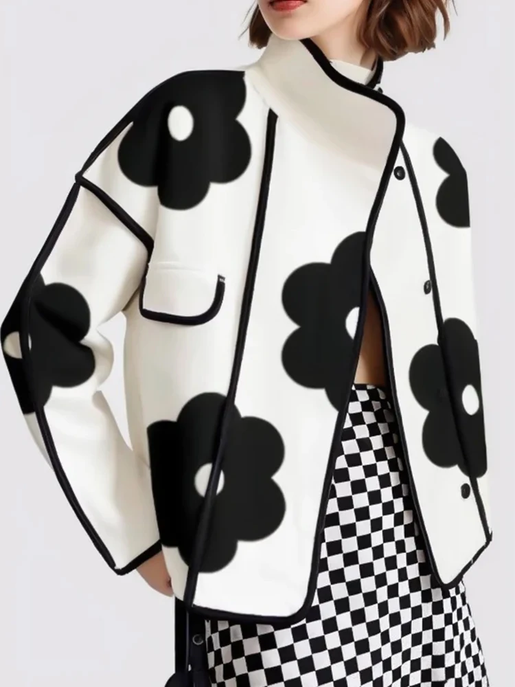 Women Floral Printed Stand Collar Jacket Coat Long Sleeve Korea Elegant Jacket Coat for Autumn Winter Casual Jacket Outerwear