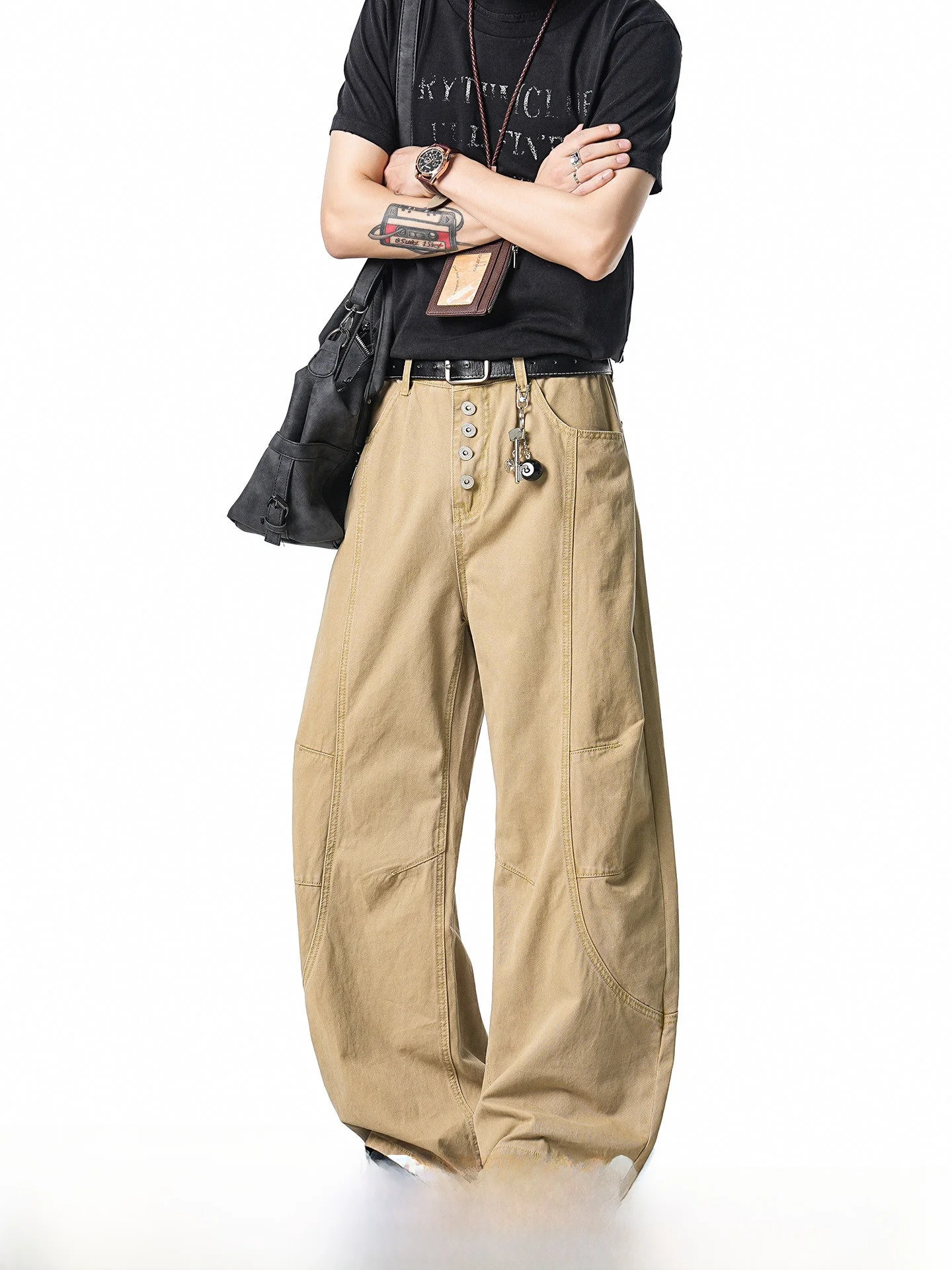 American Decomposition Button Work Pants Men's Summer Straight Leg Wide Leg Casual Pants Boys' Loose Fit Straight Cut Jeans