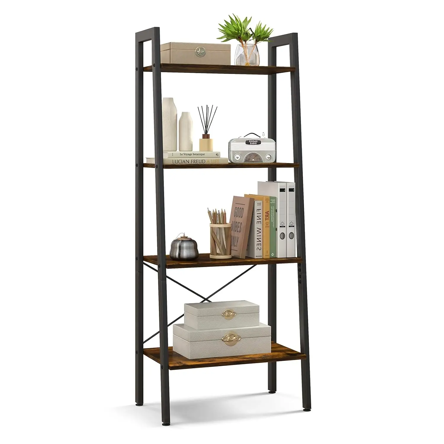 4-Tier Ladder Shelf Industrial Bookshelf Storage Rack Metal Frame Wood Display Living Room Office Bedroom, Customized