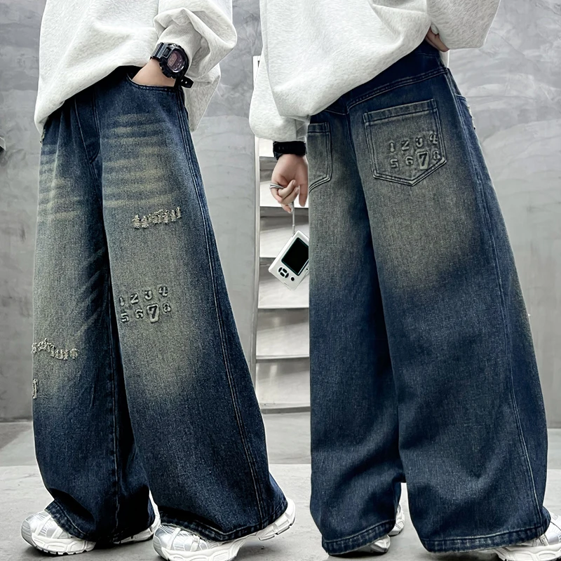 

Classic Design Kids High Waist Letter Ripped Jeans For Tweens Boy Loose Straight Denim Pants Children's Autumn Casual Trousers