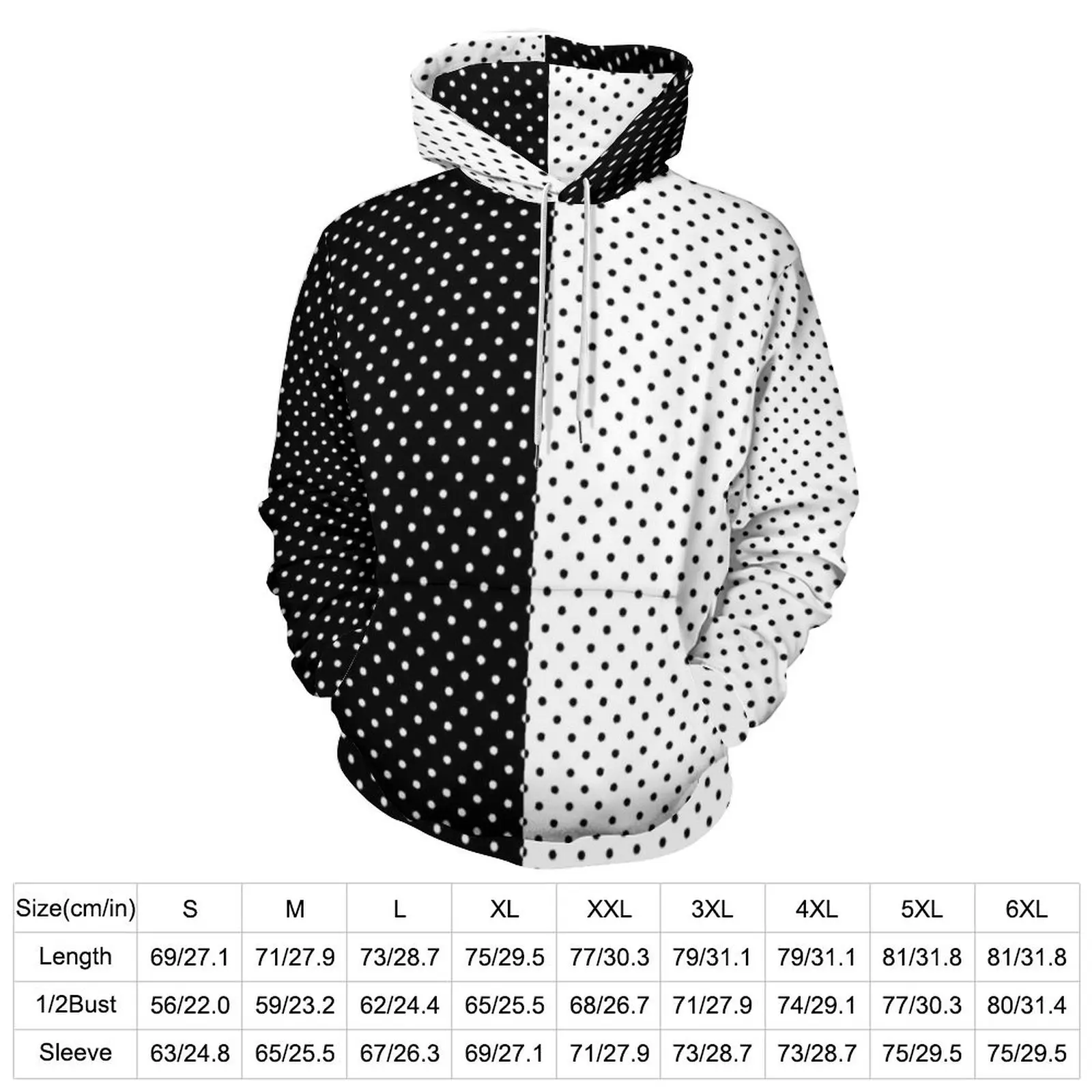 Polka Dot Black And White Loose Hoodies Two Tone Vintage Street Style Hoodie Men Long-Sleeve Graphic Sweatshirts Plus Size