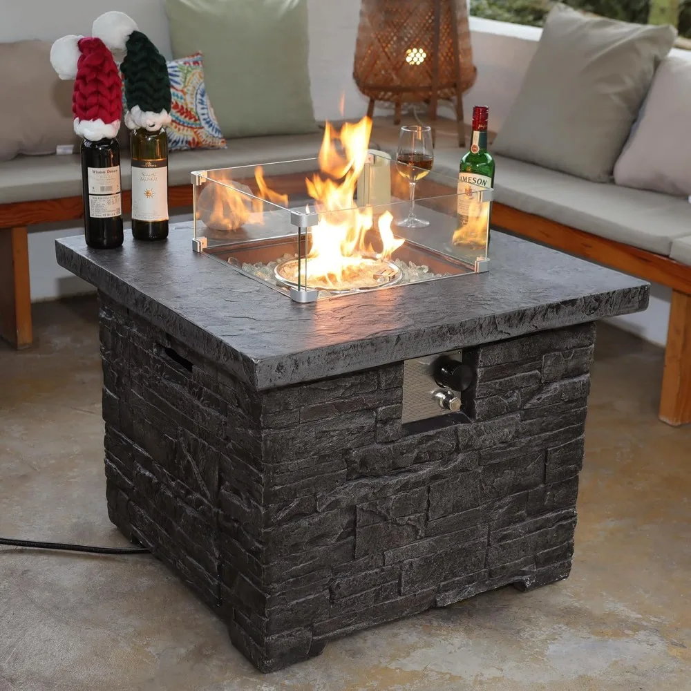 

32" Outdoor Propane Fire Pit Table, Stone Fire Table Square Firepit w Glass Wind Guard(50,000 BTU), 2 Piece Slate Gas Fire Table