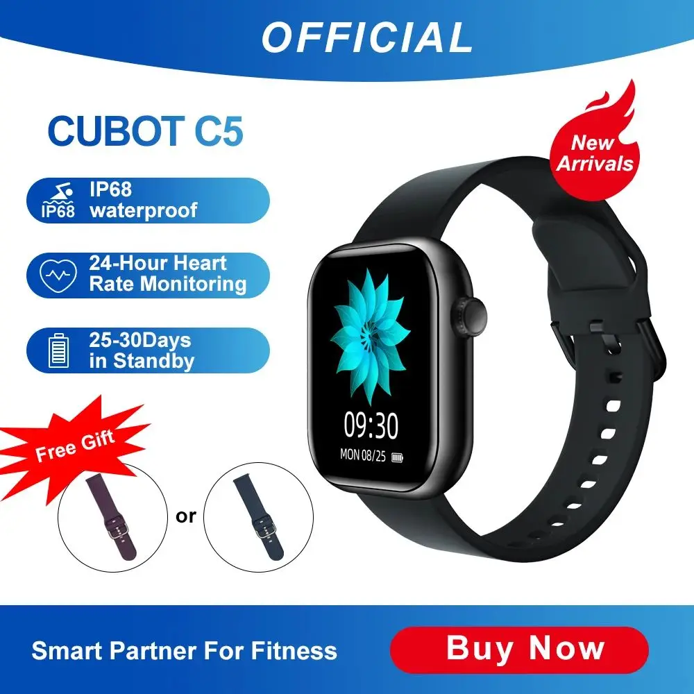 Cubot C5 5ATM Waterproof SmartWatch Heart Rate Calorie Monitor Touch Fitness Tracker Sport Smart Watch for Men Women Android IOS