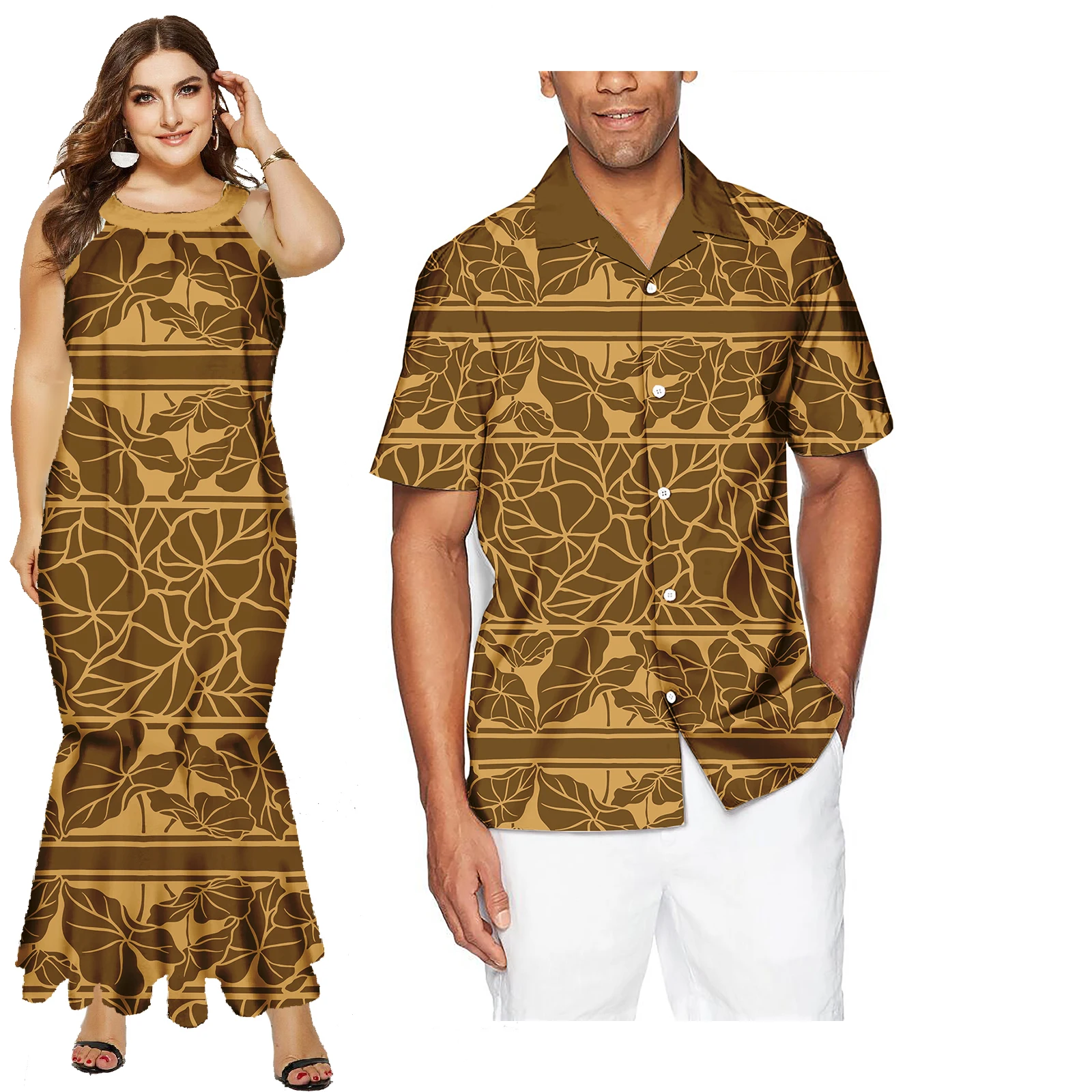 Couple Outfit Sets Elegant Dresses Women Sexy Skirt Samoa Tattoo Printed Polynesian Casual Dress Matching Men Shirts