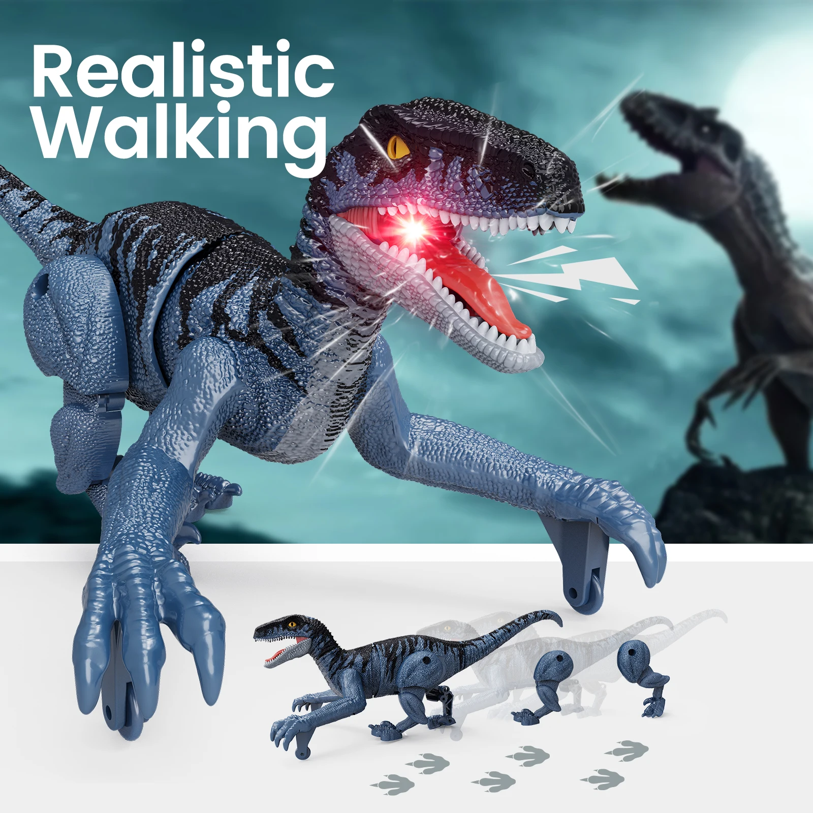 Tecnock Afstandsbediening Dinosaurus, Mini Dinosaurus Speelgoed, 2.4Ghz Walking Rc Robot Dinosaurus Met Lichten, Geschenken Voor Kinderen Jongen Meisje Blauw