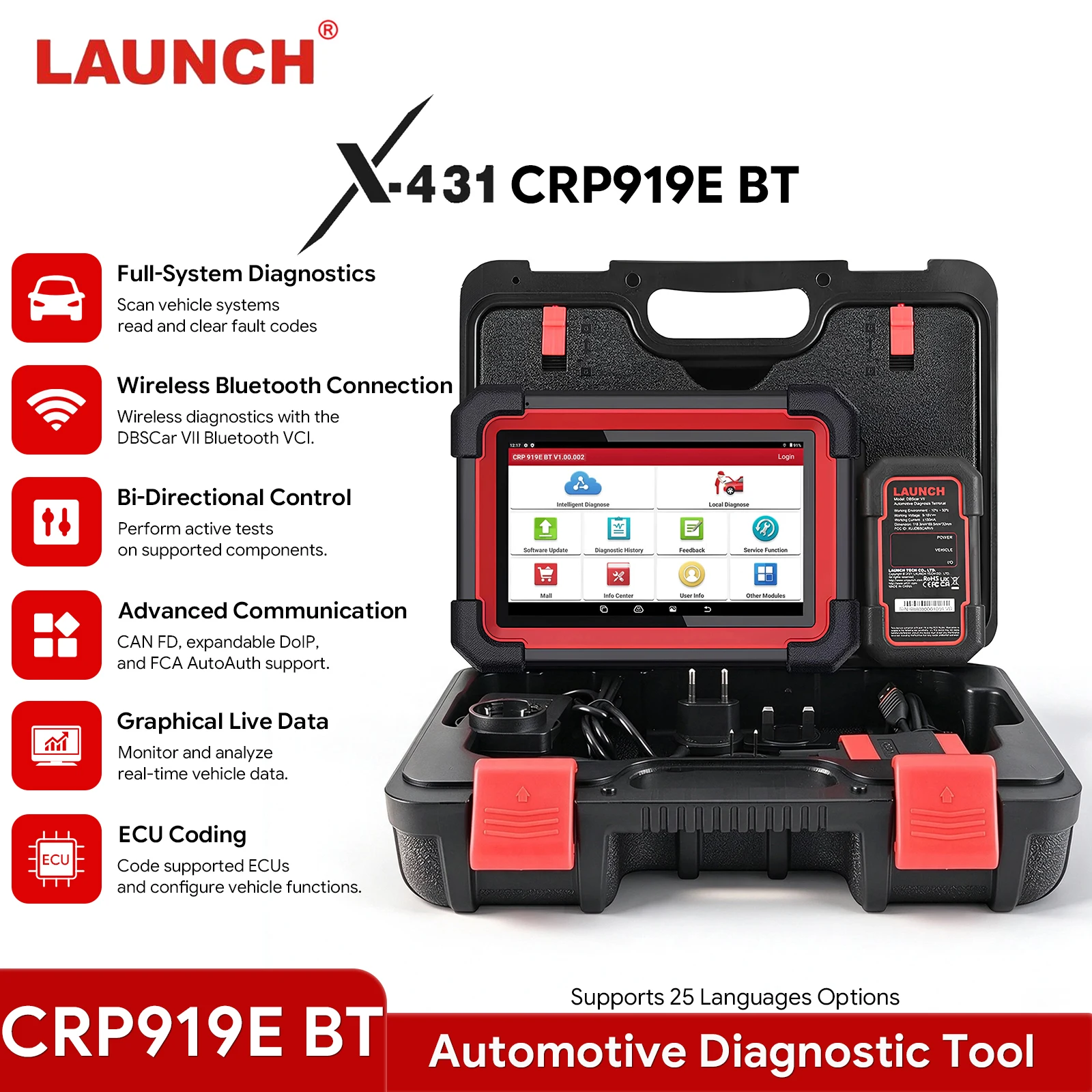 LAUNCH X431 CRP919E BT Professional OBD2 Car Diagnostic Tool Full System OBD2 Fault Scanner Bi-Directional 35 Resets DBScan VII
