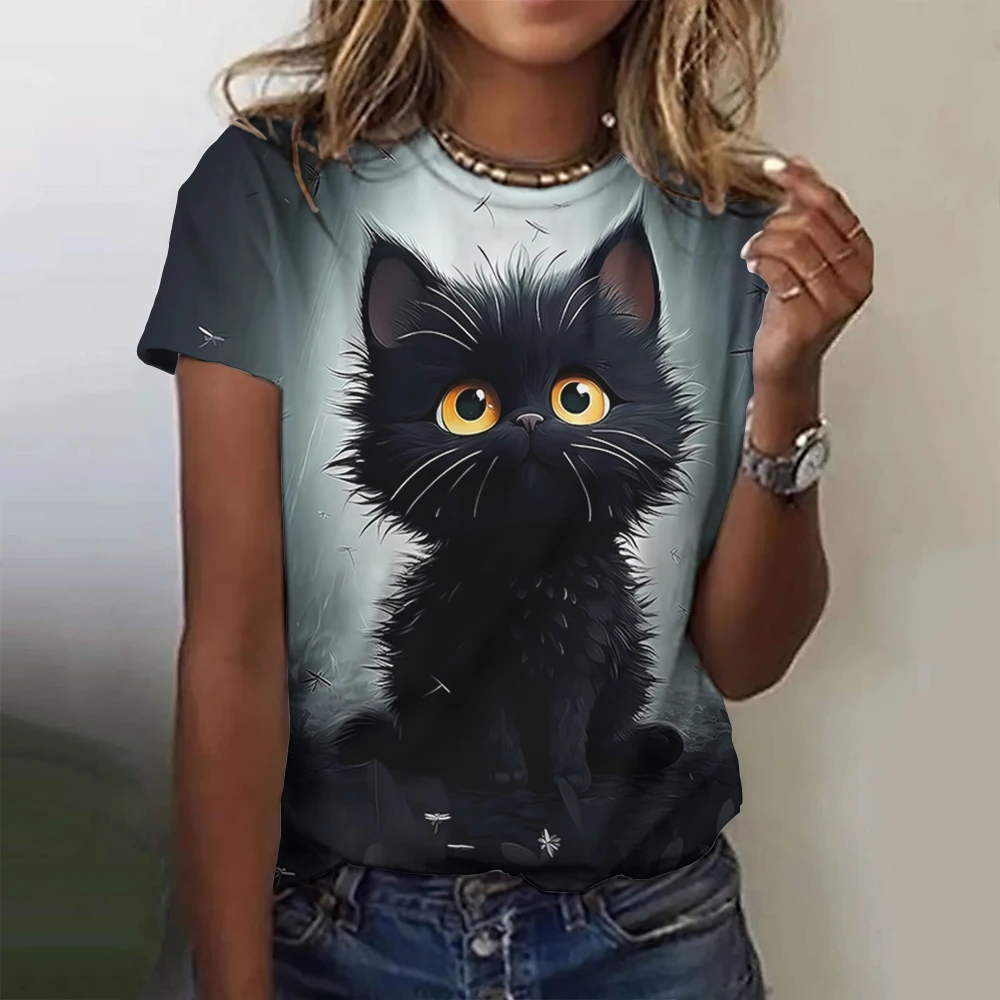 2024 Summer Women\'s Kawaii Cat Print T-shirt  Plus Size Top Trend Harajuku Clothing Crew Tee Female Short Sleeve Shirt