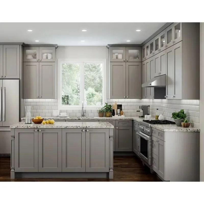 Classic Usa Grey Modular Kitchen Cabinet Set Design Modern American Standard Style Gray Shaker Wood Kitchen Cabinets