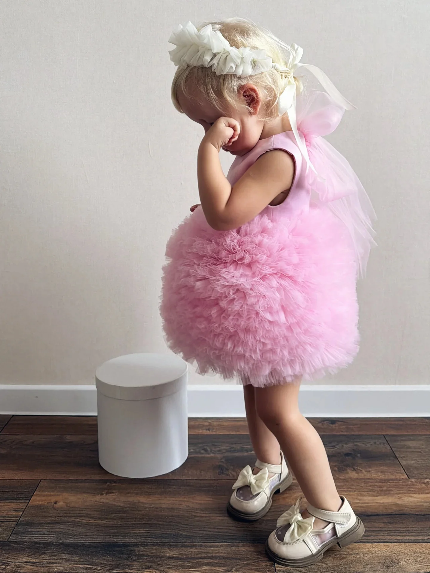Pink Fluffy Cloud Tulle Toddler Tutu Dress Big Back Bow Sleeveless Princess Gown Kids Wedding Birthday Flower Girl Outfit