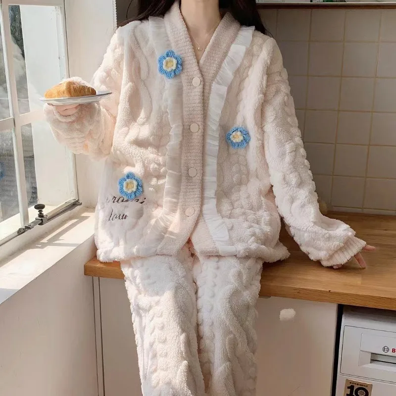 

Coral Fleece Pajama Sets Women Winter Warm Sleepwear Long Sleeve Trouser Pajamas Flannel Thick Homewear Korean Kawaii Clothes