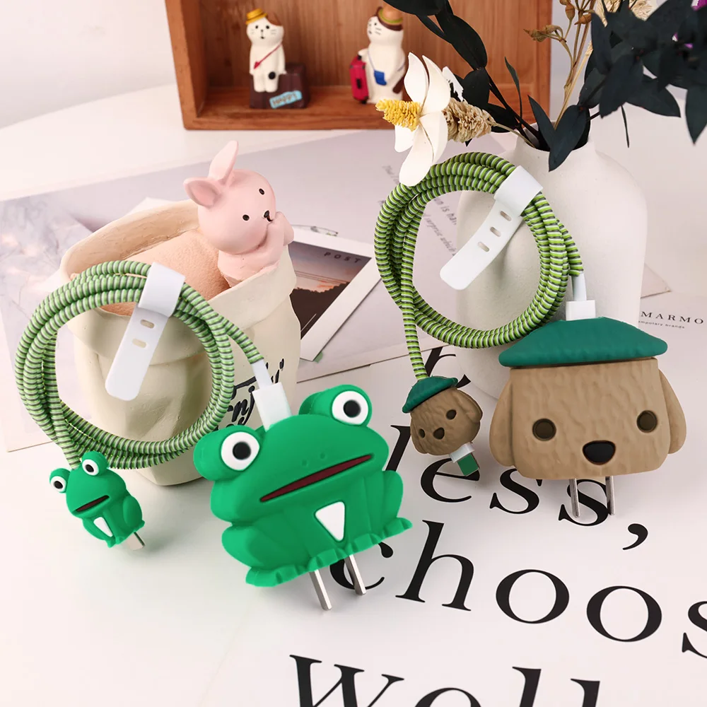 4Pcs/Set Cute 3D Cartoon Set Charging Cable Protector Cover For iPhone 16 Pro Max 18W 20W Charger Case Phone Wire Cord Organizer