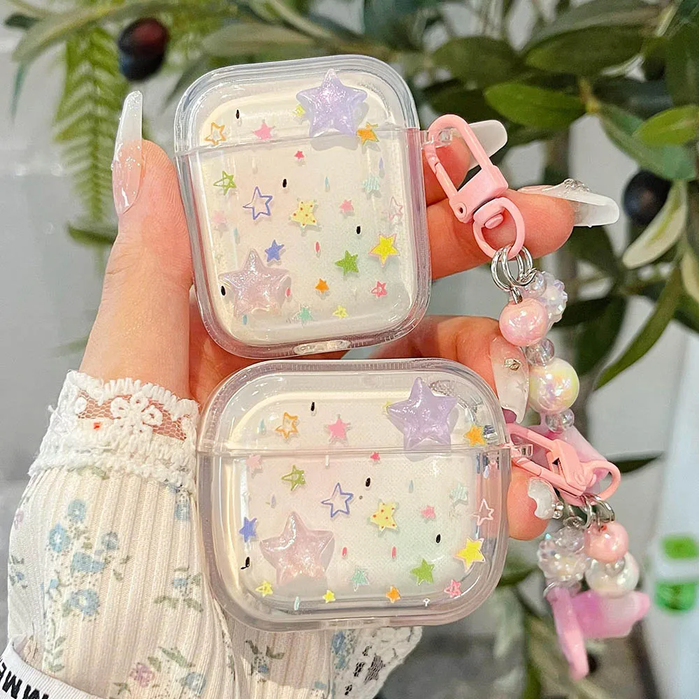 INS Colorful Stars Cute Wireless Bluetooth Earphone Box Shockproof Case For Apple Airpods Pro 2nd 3 2 4 Capa with Star Keychain