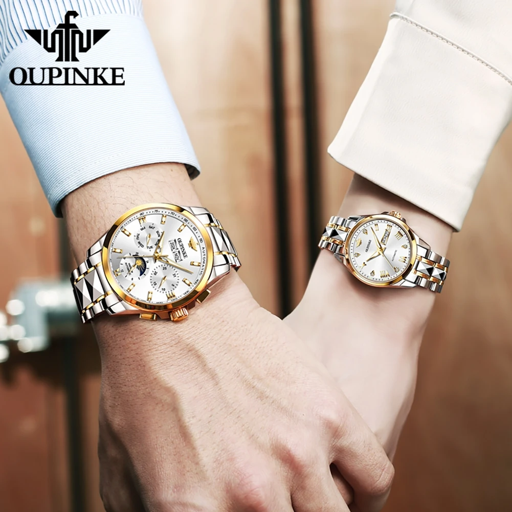 OUPINKE Couple Watches 2Pcs Luxury Fashion Original Automatic Mechanical Watch for Man Tungsten Steel Sapphire Mirror Waterproof