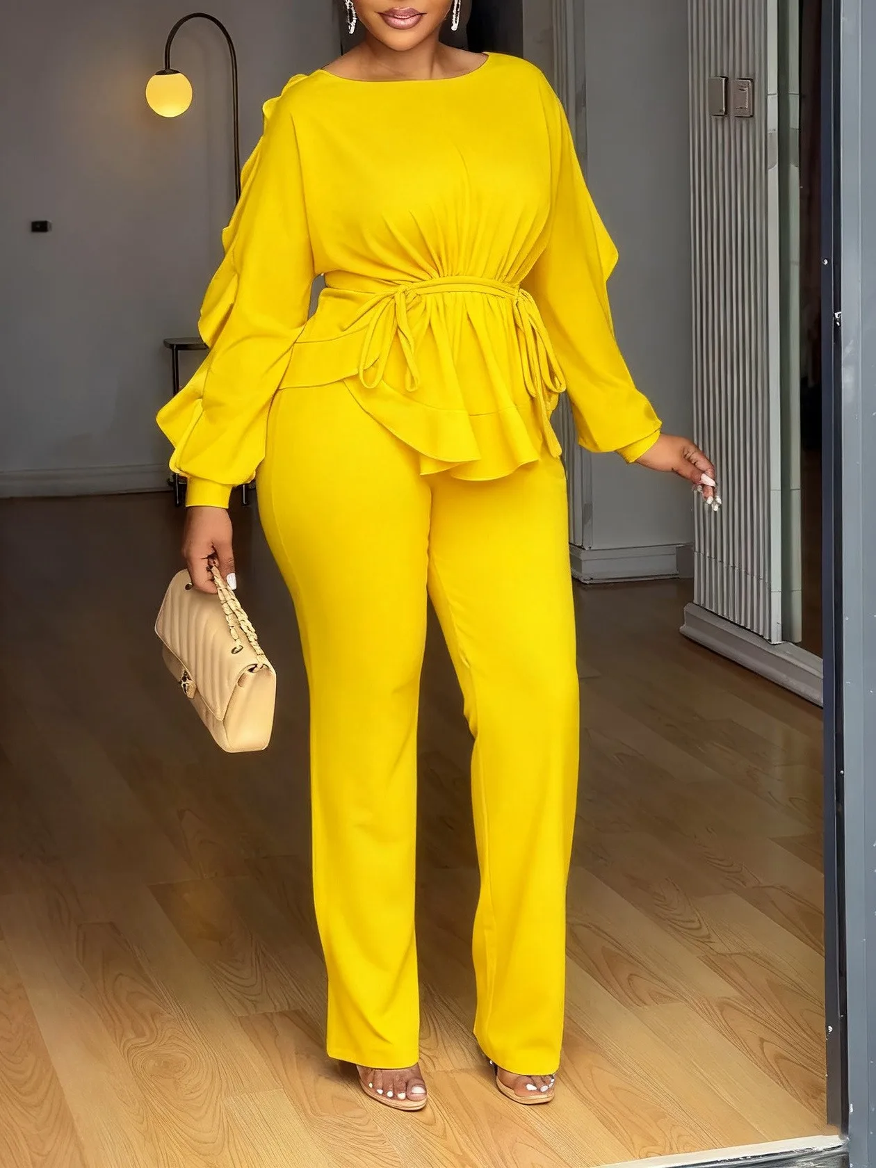 

Winter Women's Clothing Elegant Long Sleeve Ruched Waist Two Set Polyester Solid Color Full Length Pants Outfit Set