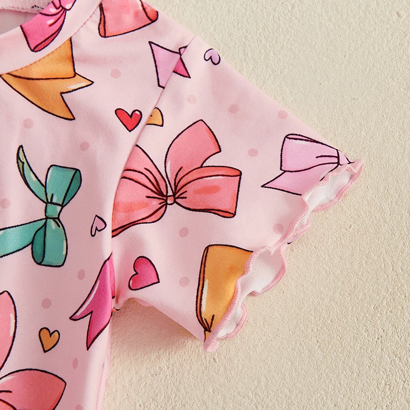 Maluch dziewczyna letnie stroje nadruk z kokardką wycięcie pod szyją t-shirty z krótkim rękawem topy spodenki 2 szt. Zestaw ubrań