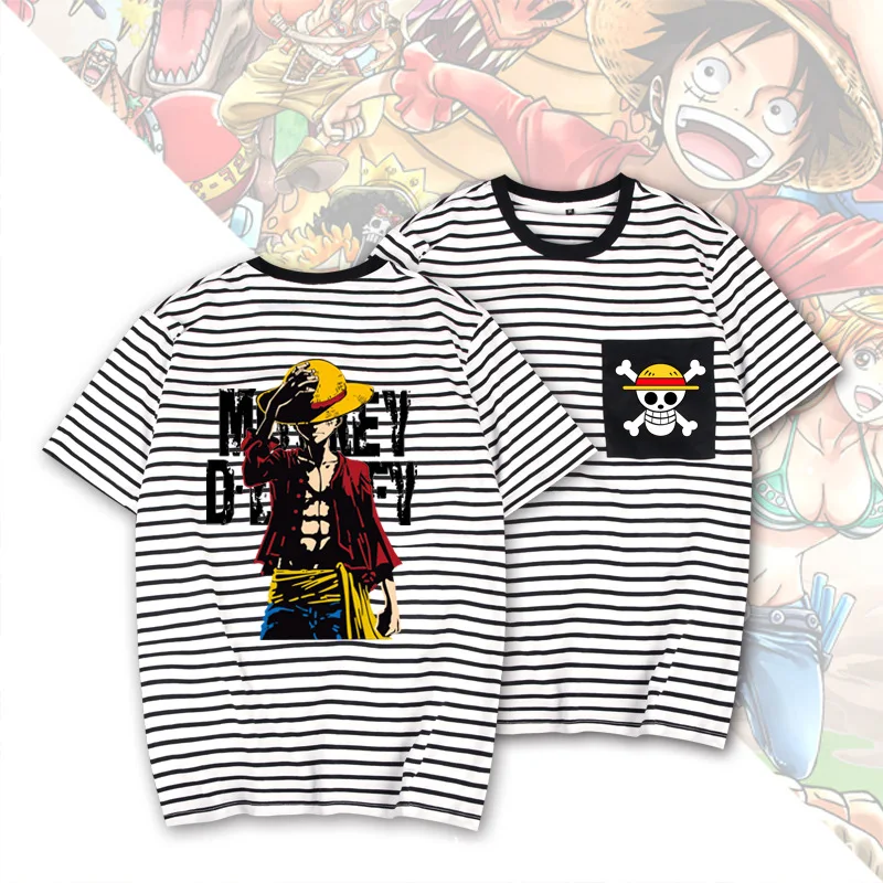 One Piece Anime Striped T-shirt Luffy Masayoshi Around Summer Loose Casual Round Neck Short-sleeved Tops for Men and Women