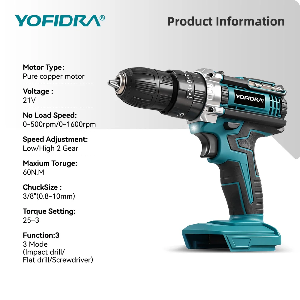 YOFIDRA 60N.M 25 + 3 عزم الدوران الكهربائية تأثير الحفر مفك البراغي اللاسلكي الحفر يده أداة السلطة ل ماكيتا 18 فولت-21 فولت بطارية دبوس #2