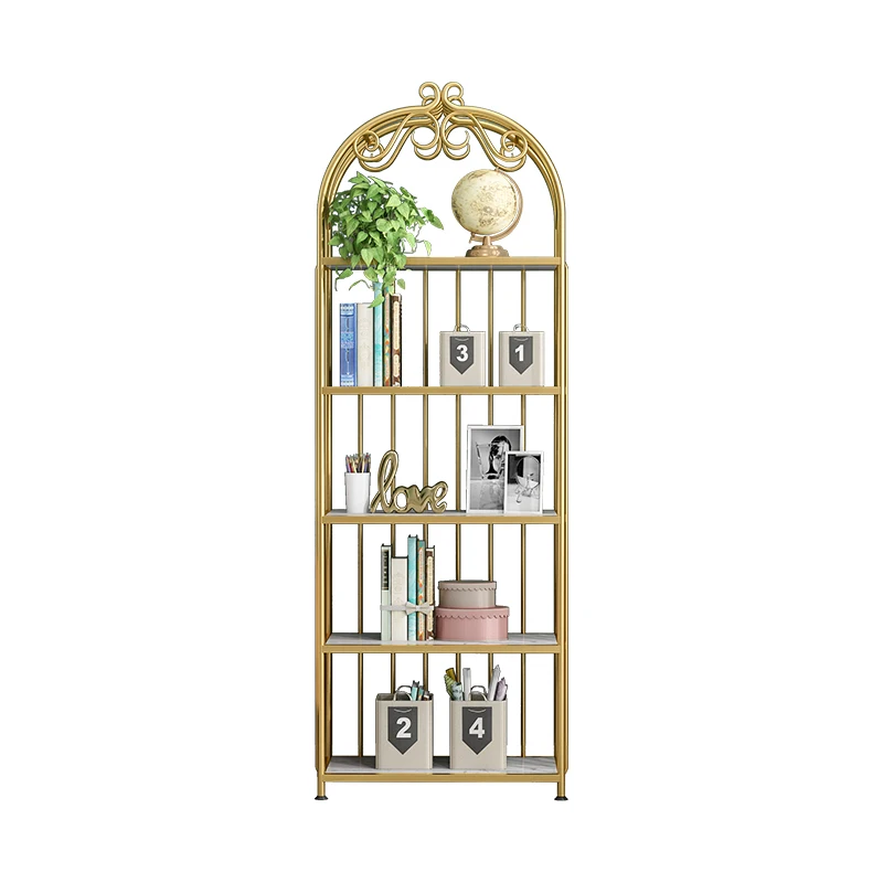 

Golden light luxury marble bookshelf, bird cage shelf floor-to-ceiling living room