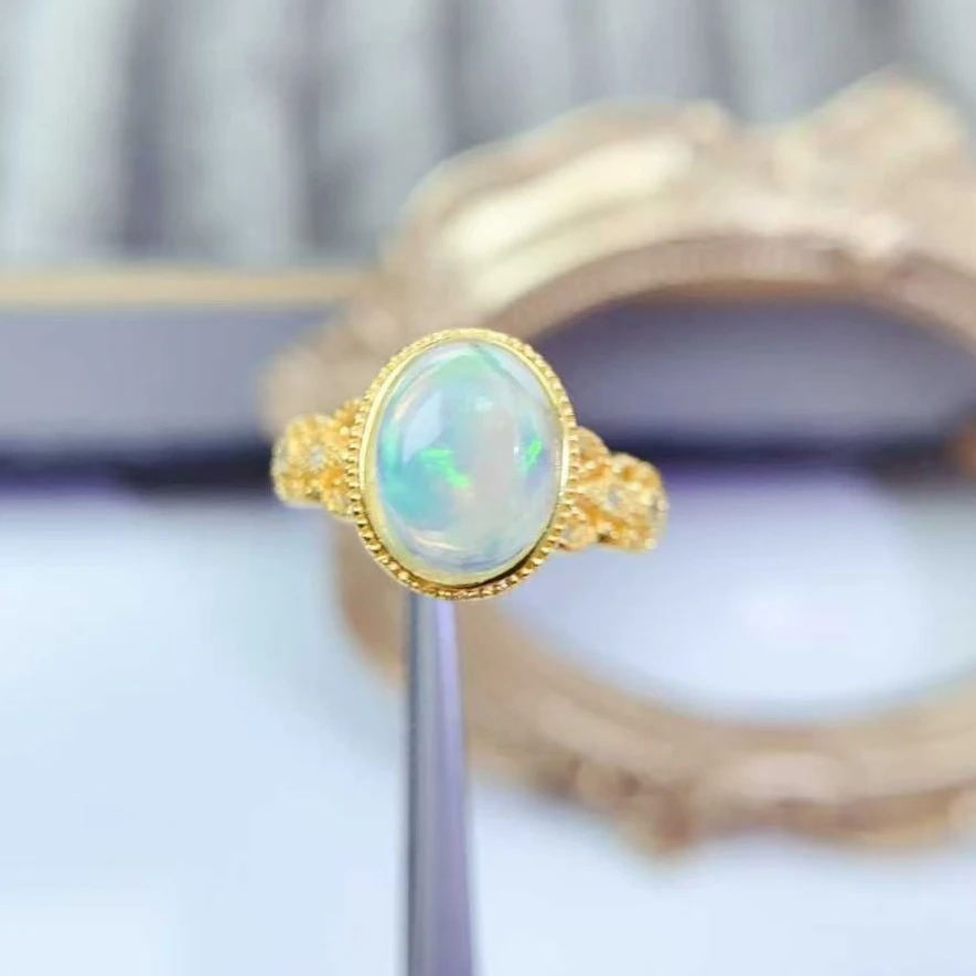 

925 Silver White Opal Ring 8mm*10mm Natural Opal 925 Silver Ring Antique Look Silver Gemstone Jewelry with 18K Gold Plating