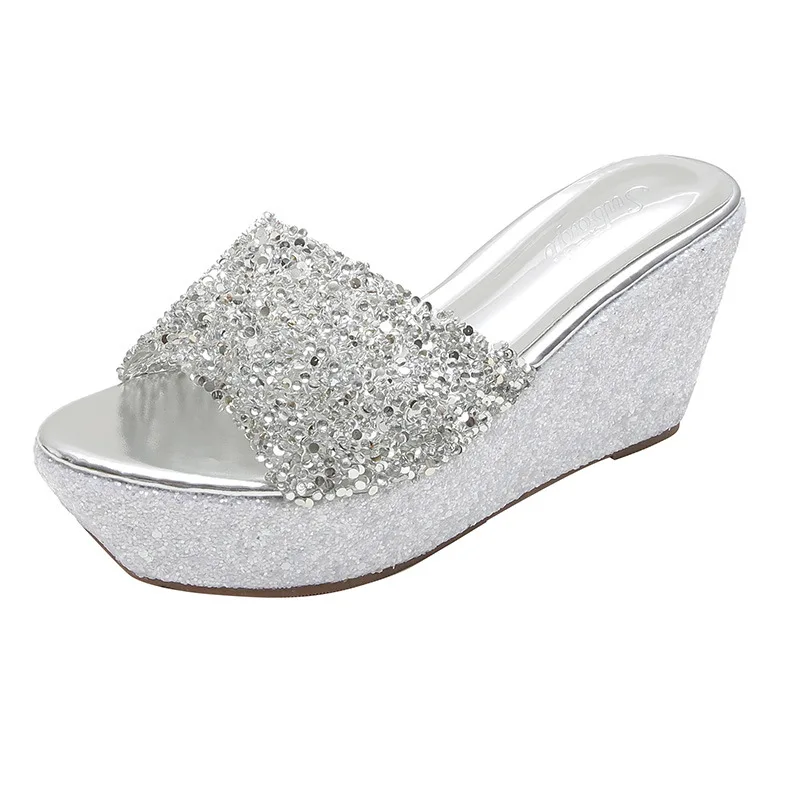 Gold Silver Women\'s High Heels 8cm Platform Wedges Slippers 2023 Transparent Rhinestone Fish Mouth Sandals Ladies Pumps Slides