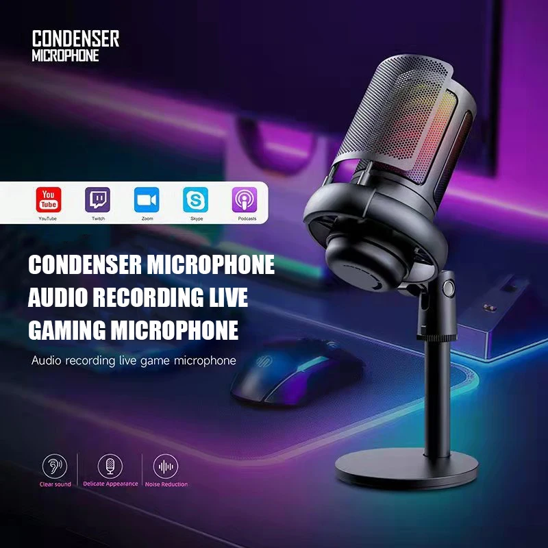 Gaming Microphone USB PC Mic for Podcasts Videos Streaming Quick Mute RGB Lighting with Rotate Gain Button Desktop Stand