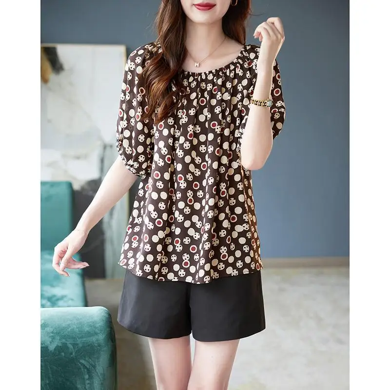 Vintage Printed Loose Shirring Short Sleeve Chiffon Blouse Women\'s Clothing 2023 Summer New Oversized Casual Tops Commuter Shirt