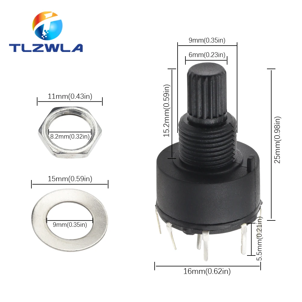 1PCS RS16 Plastic 16MM Rotary Band Switch 2 Pole 3 4 Position 1 Pole 5 6 8 Position Handle Length 15MM Axis Band Switch