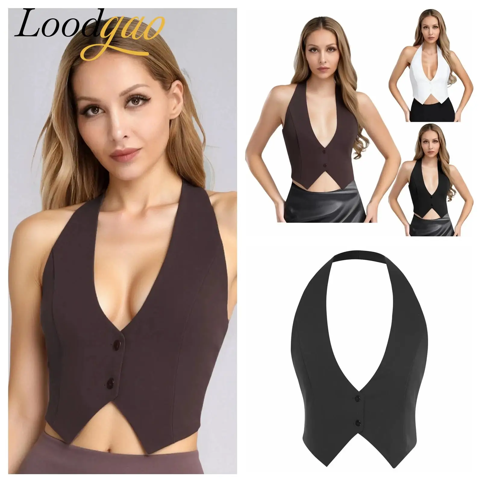 

Women's Korea Style Adjustable Halter Vests Backless Button V Neck Sleeveless Waistcoats Cropped Vest Fashion Party Club Tops