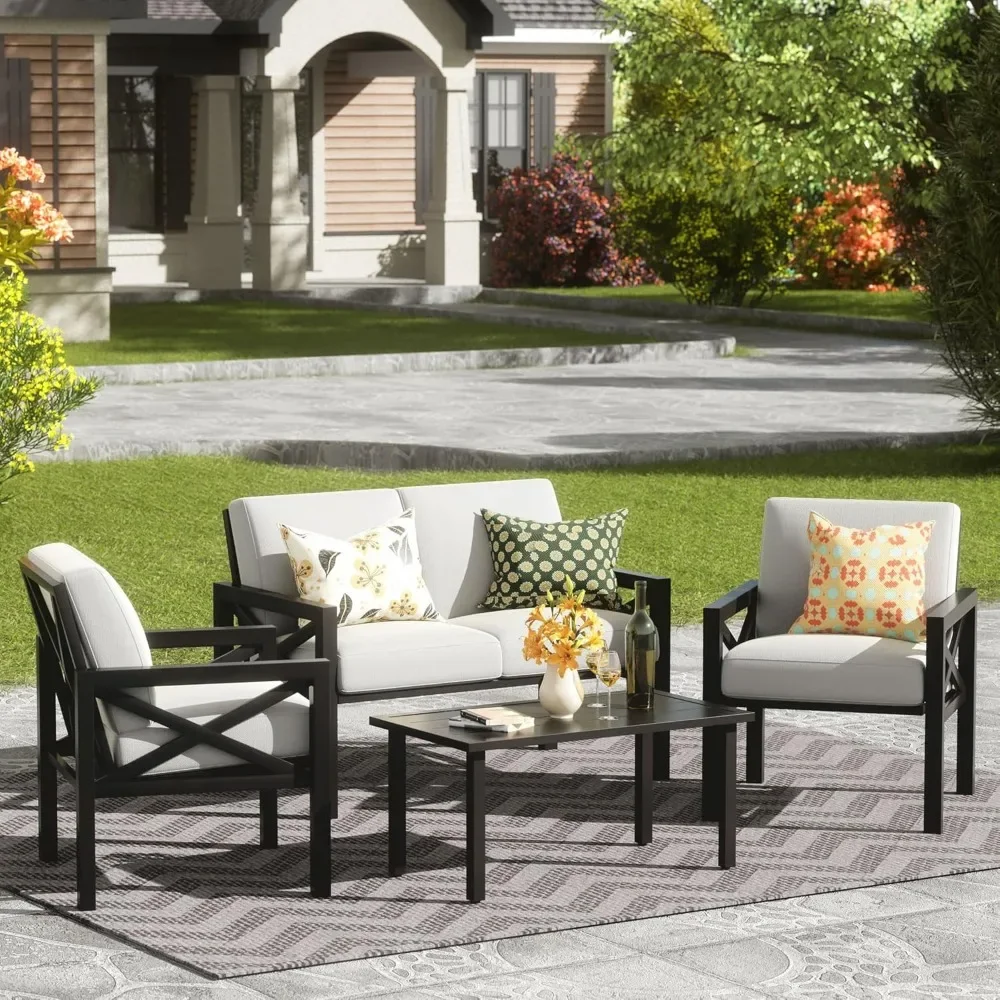 

Outdoor Patio Furniture 4 Pieces Set, Outdoor Sectional Metal Sofa with 5.5 Inch Cushion and Coffee Table ,Outdoor Set
