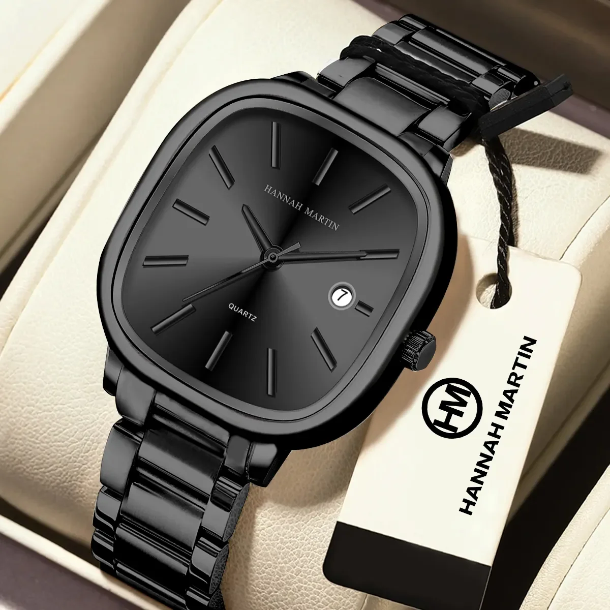 HANNAH MARTIN Hot Selling Top Brand High Quality Quartz Watch Mens Fashion Steel Strap Japanese Movement Blue Black Men Watch