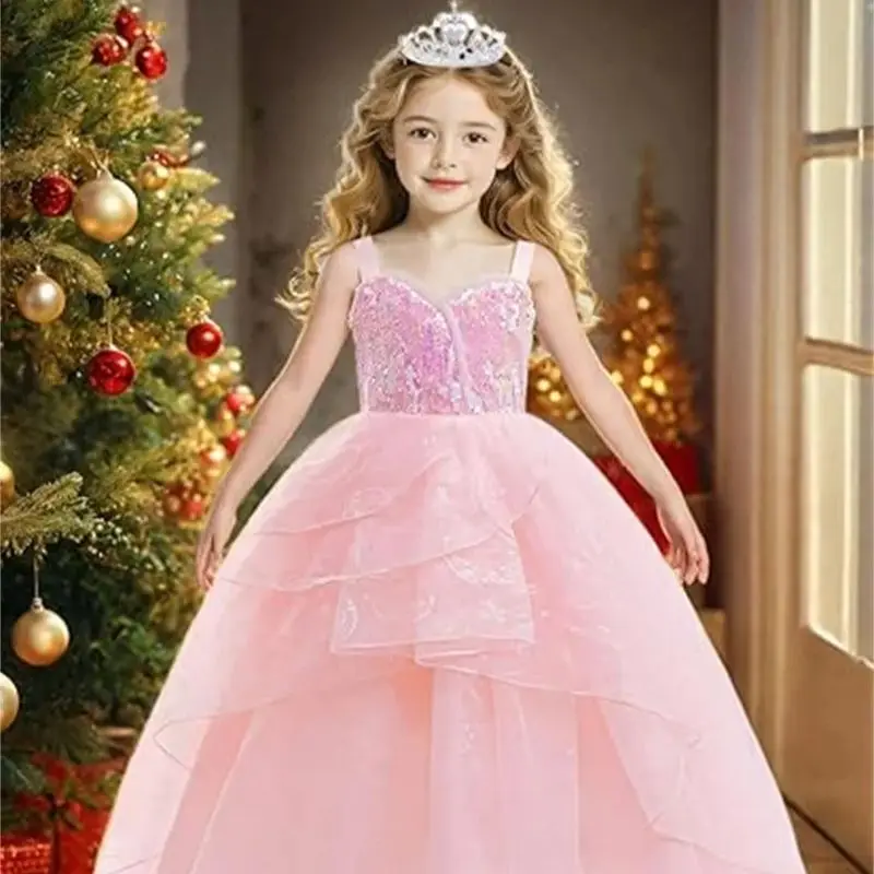 Movie Wicked Witches Cosplay Costume Pink Sequins Princesses Dress For Girls Wedding Evening Halloween Carnival Party Ball Gown