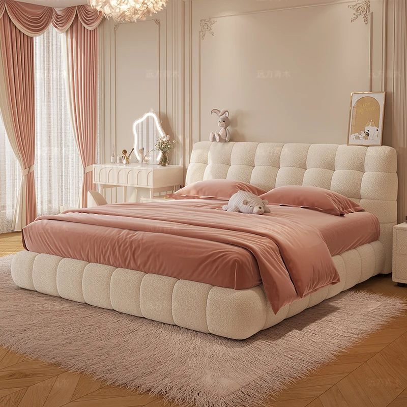 Marshmallow puff bed, simple lambswool queen bed, master bedroom, creamy white double bed