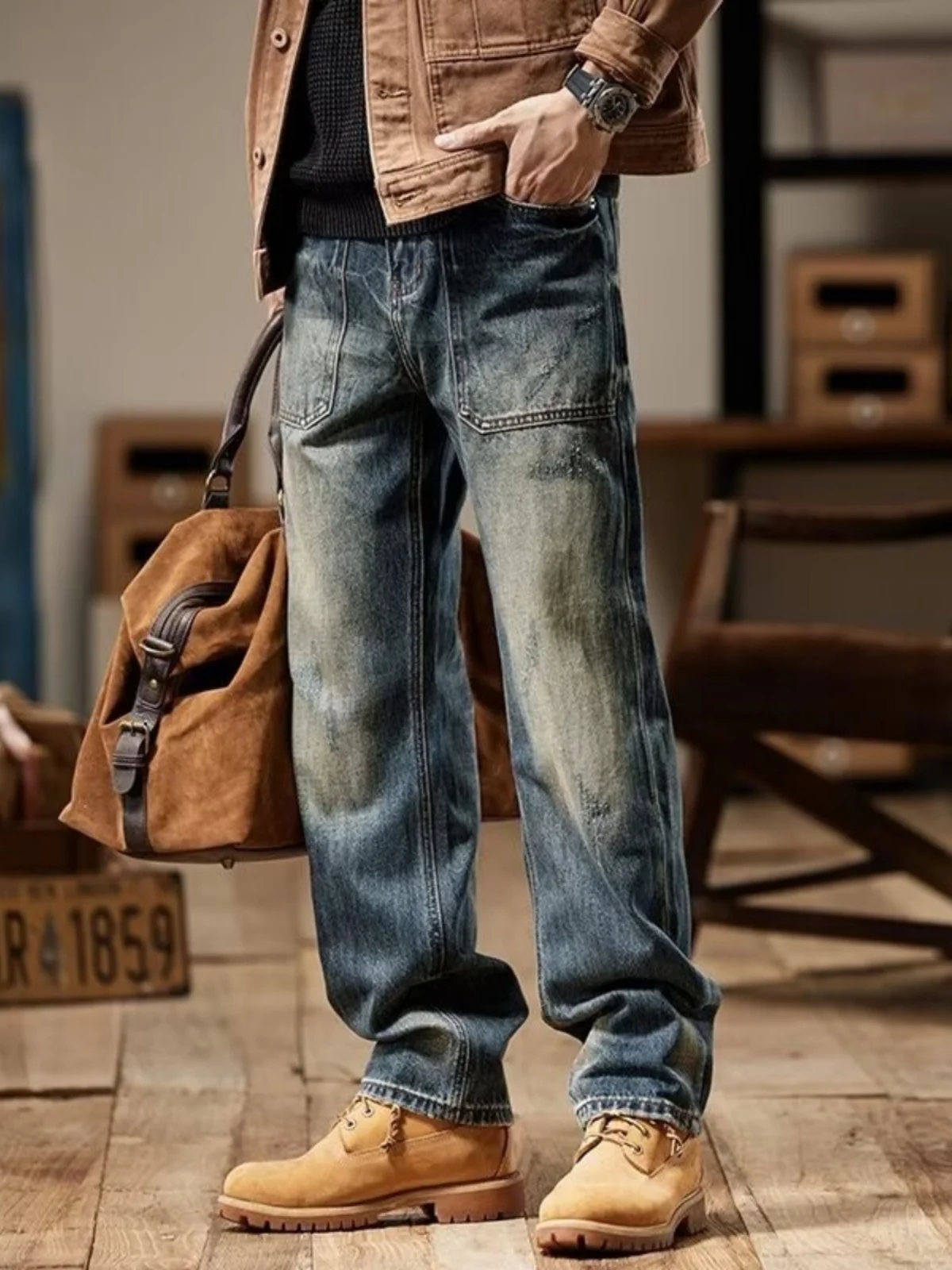 

Американские тяжелые весенние джинсы, мужские элитные модные брендовые джинсы большого размера с широкими штанинами, рабочая одежда Cas...