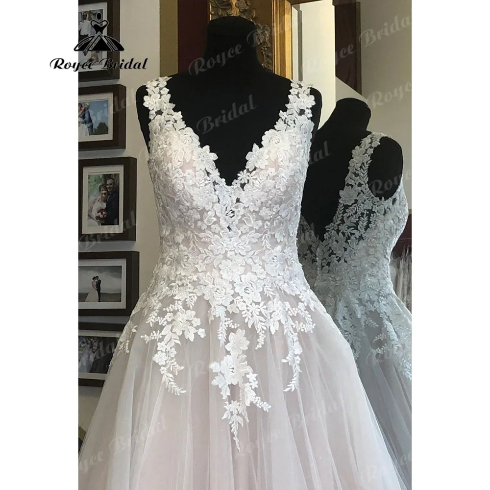 V pescoço laço apliques blush rosa vestidos de casamento sem costas 2023 vestidos de noiva de mujer elegantes para fiesta roycebridal