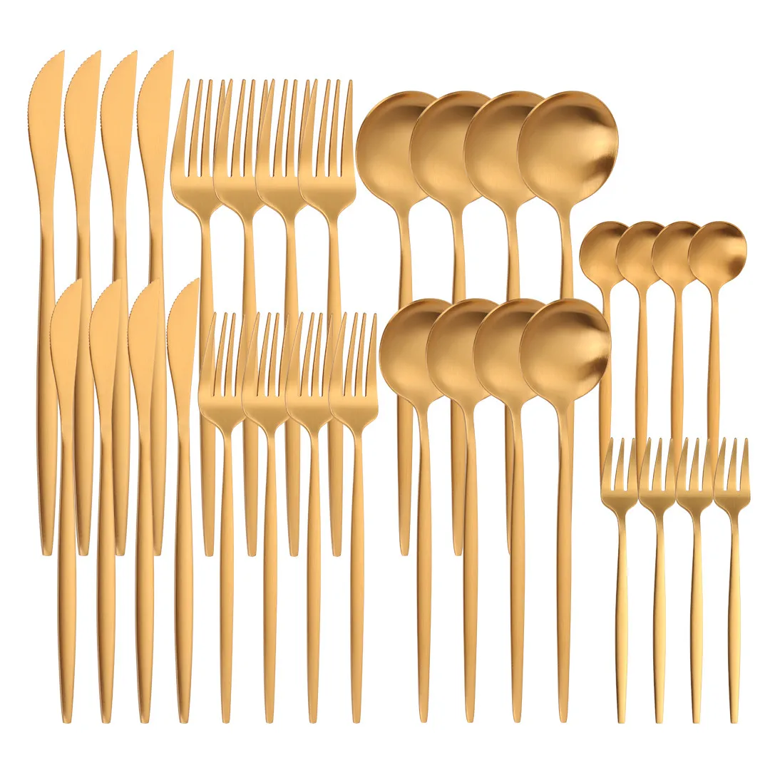 

Gold Matte Cutlery Set 32Pcs Stainless Steel Dinnerware Set Forks Spoons Knives Western Golden Kitchen Tableware Set Hot Sale