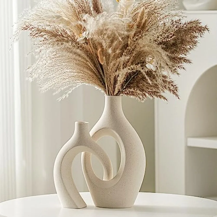 

Snuggle Hollow Ceramic Vase Set of 2, Boho Inch Style Round Nordic Mid Century Modern Aesthetic Decorative Vase for Home Decor