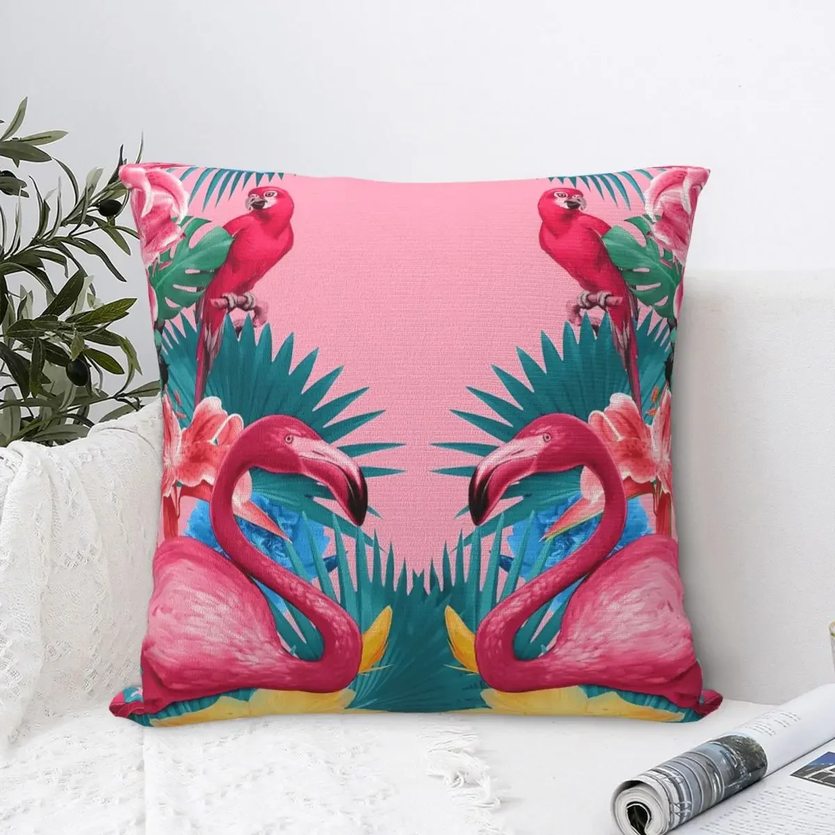 Pink Tropical Flamingo And Parrot Pillow Cover Palm Leaves Pillow Case Custom Cushion Cover Pillowcases For Living Room Chair