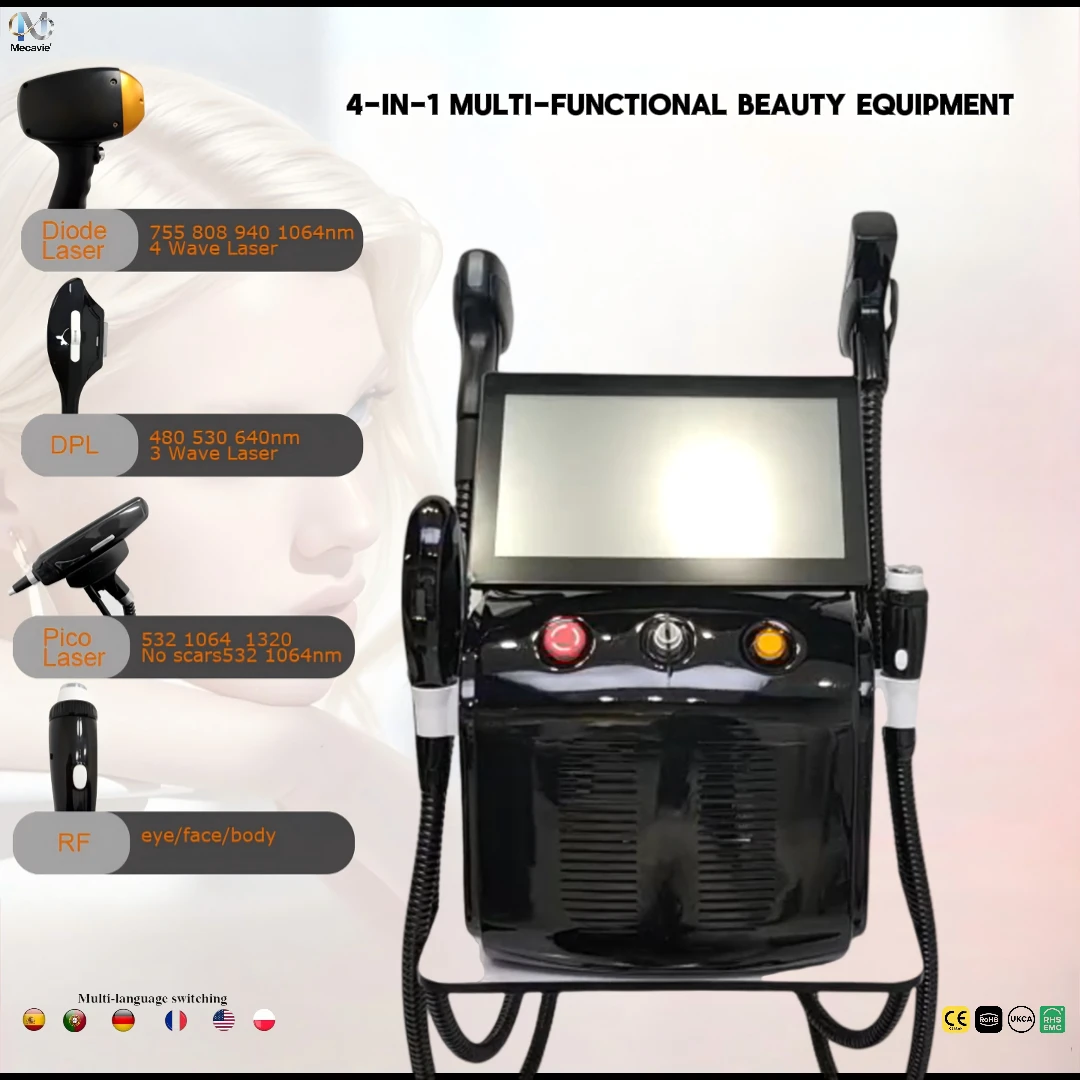 

4-в-1 IPL-диодный лазер RF Pico Устройство для ухода за кожей: Перманентное удаление волос на лице Лечение прыщей Удаление морщин на весь срок службы