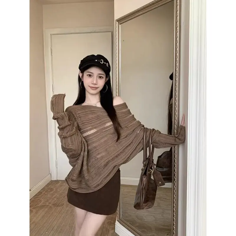 Women's Old Money Style Off Shoulder Knit Sweater Spring Batwing Sleeve Loose Casual Pullover