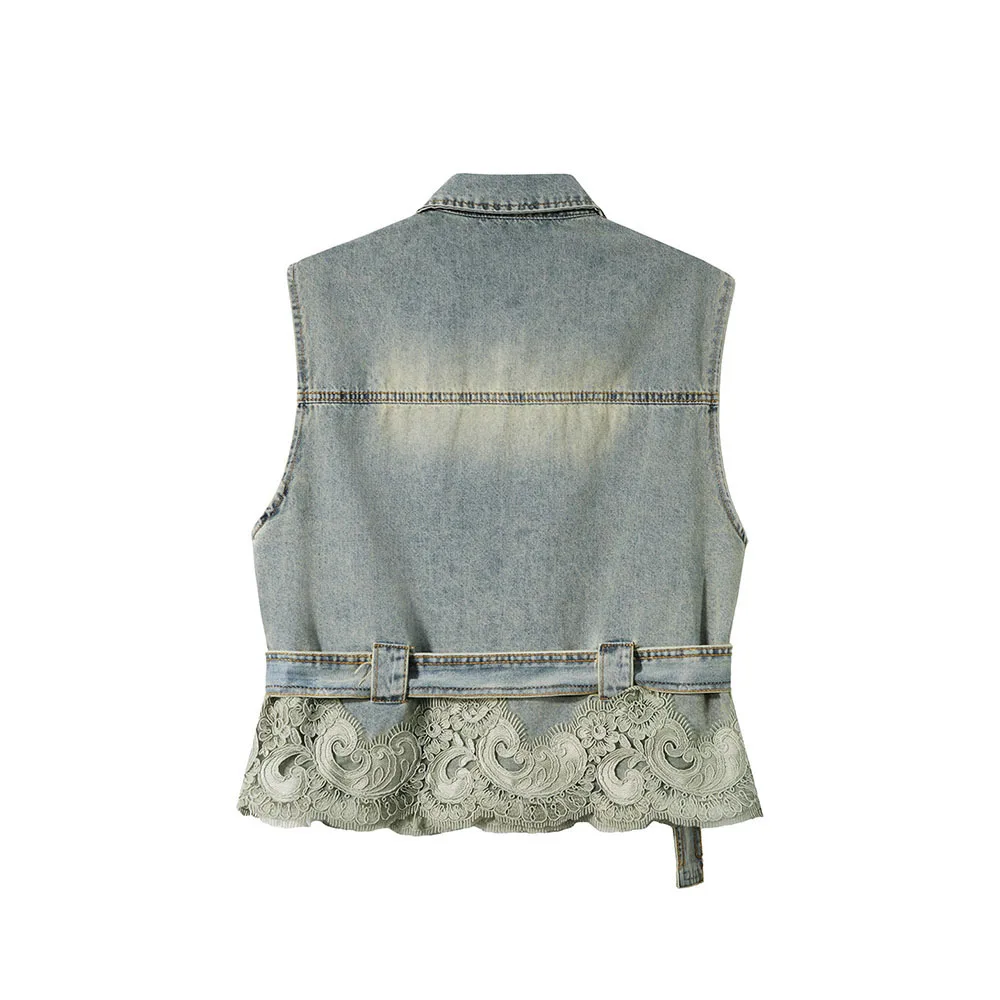 Hot Selling Spring Summer Lace Spliced Denim Vest Vintage Style Waist Tie Sleeveless Top Casual Slim Fit Waistcoat For Women