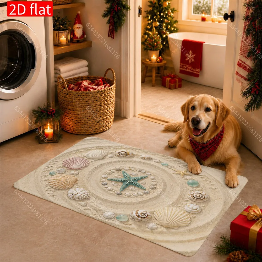 Decorative Coastal Beach Seashell Starfish Bath Mat Rug Nautical Ocean Theme Entrance Runner Bathroom Floor Decor Tile